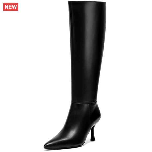 Knee High Pointed Toe Boots with 3.3 Inch Kitten Heel Side Zipper